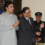President Asif Ali Zardari unveiling the plaque to inaugurate Phase 1 of Shaheed Mohtarma Benazir Bhutto Drinking Water Programme of the Sindh Government in Karachi on December 21, 2012. Mr. Bilawal Bhutto Zardari, Governor Ishratul ibad Khan and Chief Minister Syed Qaim Ali Shah also present.